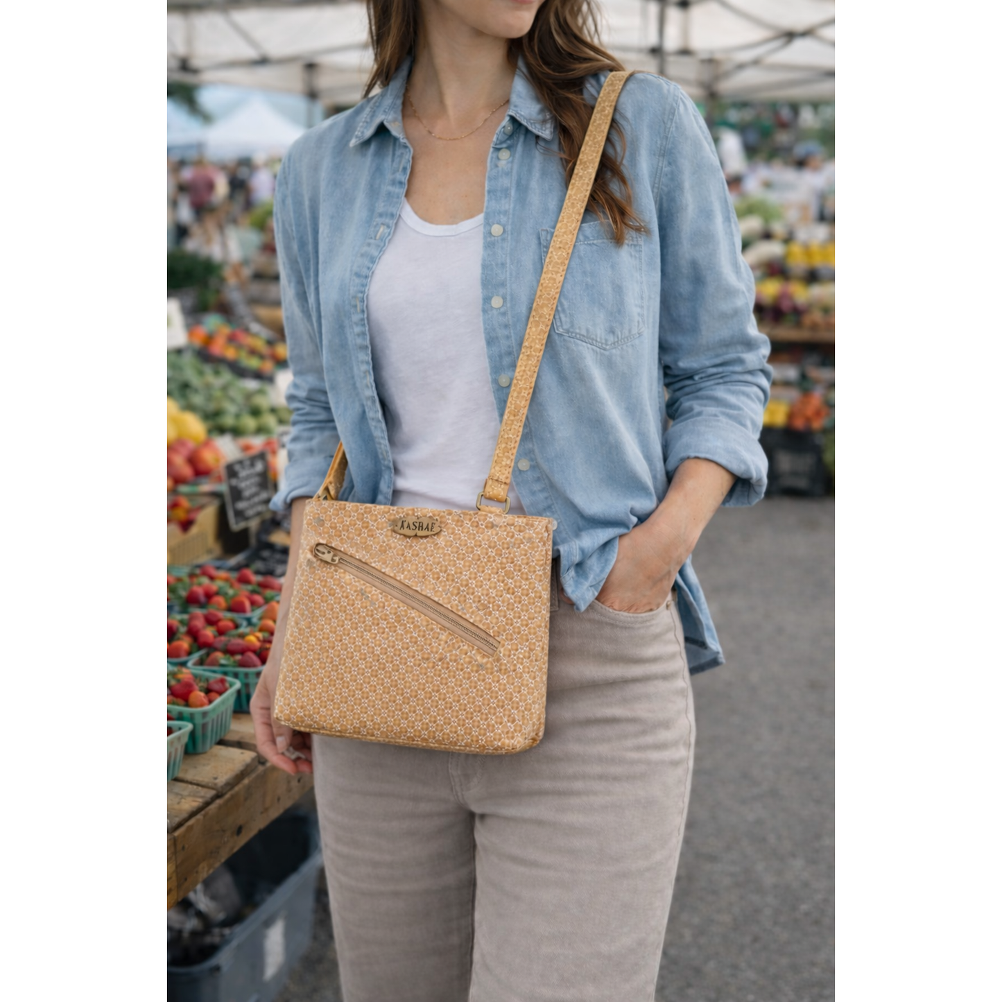 Abigail white splash cork bag - ethical, sustainable, vegan