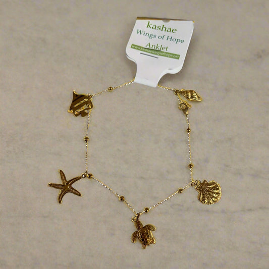 Waterproof quality gold Tide & Treasure anklet - everyday wear - Kashae Wings of Hope