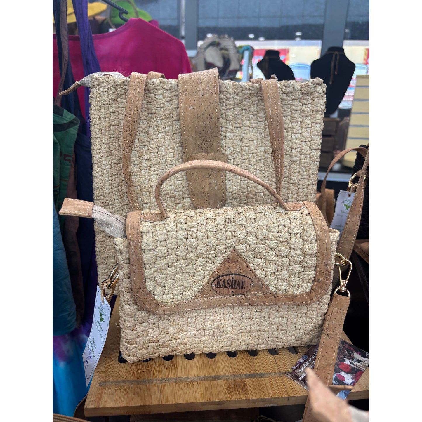 Raffia and cork trim bag